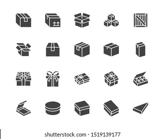Box flat glyph icon set. Carton, wood boxes, product package, gift vector illustrations. Simple black signs for delivery service. Silhouette pictogram pixel perfect.