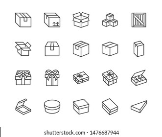 Box Flat Line Icon Set. Carton, Wood Boxes, Product Package, Gift Vector Illustrations. Simple Outline Signs For Delivery Service. Pixel Perfect. Editable Strokes.