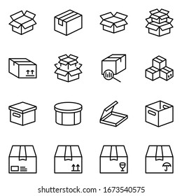 Box flat line icon set. Carton, wood boxes, product package, gift vector illustrations. Simple outline signs for delivery service. Pixel perfect.