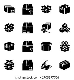 Box flat line icon set. Carton, wood boxes, product package, gift vector illustrations. Simple black signs for delivery service