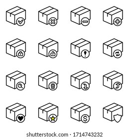 Box flat line icon set. Carton, wood boxes, product package, gift vector illustrations. Simple outline signs for delivery service. 