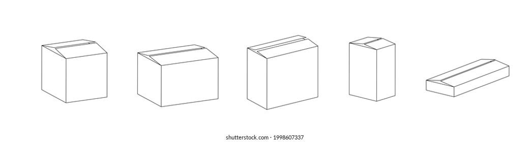 Box flat line icon set. Carton, wood boxes, product package, gift vector illustrations.