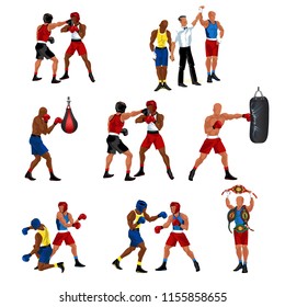 Box flat set consist of sparring referee announces victory boxer punching bag knockdown and professional sportsman with champion's belts vector illustration