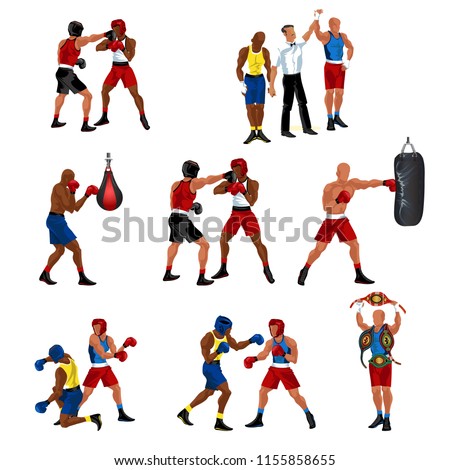 Box flat set consist of sparring referee announces victory boxer punching bag knockdown and professional sportsman with champion's belts vector illustration