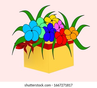 caja con una planta florida, flores de diferentes colores, con hojas estrechas y verdes, sobre un fondo rosa