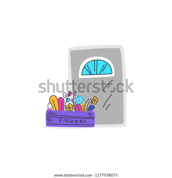 Box Flowers Door Delivery Plants Drawn Stock Vector Royalty Free