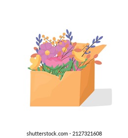 Box with flowers. Vector cartoon illustration. The concept of women's holiday