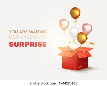 Box with flying balls and confetti. Anniversary celebration, birthday. Surprise or gift. Vector illustration