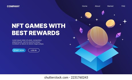 Box with flying coins, cryptocurrency logo. P2E Crypto Games Landing Page Concept. NFT games with the best rewards. Vector illustration