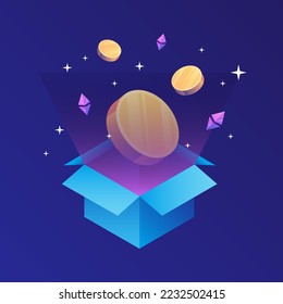 Box with flying coins, cryptocurrency logo. P2E Crypto Games Illustration. NFT games with the best rewards. Vector illustration