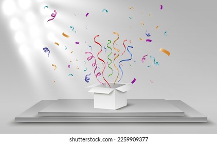 Box with flying confetti.Illustration for the holiday.