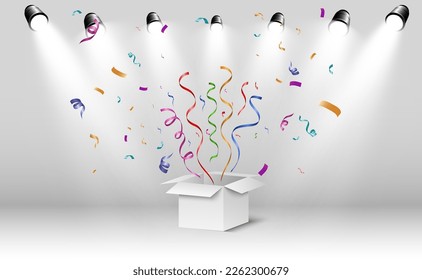 	
Box with flying confetti.Illustration for the holiday.
