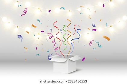 Box with flying confetti.Illustration for the holiday.	