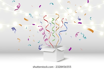 Box with flying confetti.Illustration for the holiday.	