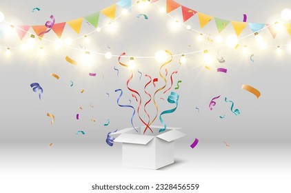 Box with flying confetti.Illustration for the holiday.	