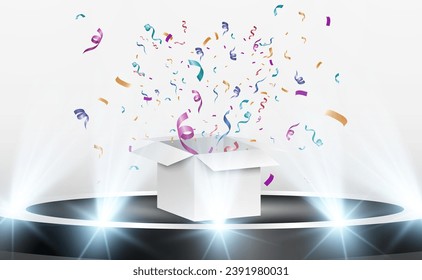 Box with flying confetti.Illustration for the holiday.	