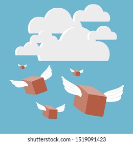 Box flying express delivery shipping transportation concept.