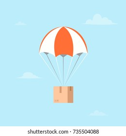 Box flying on parachute. Air shipping. Vector illustration