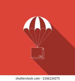 Box flying on parachute icon isolated with long shadow. Parcel with parachute for shipping. Delivery service, air shipping concept, bonus concept. Flat design. Vector Illustration