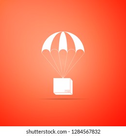 Box flying on parachute icon isolated on orange background. Parcel with parachute for shipping. Delivery service, air shipping concept, bonus concept. Flat design. Vector Illustration