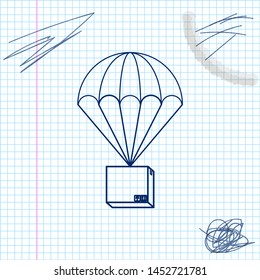 Box flying on parachute line sketch icon isolated on white background. Parcel with parachute for shipping. Delivery service, air shipping concept, bonus concept. Vector Illustration