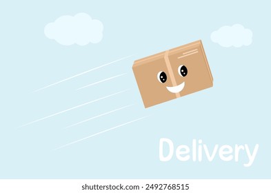 Box is flying in the sky, a beautiful box character. concept of fast and reliable delivery of goods. Design for companies delivering goods and products from countries, cities and to any address.Vector