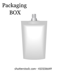 Box Foil Food Or Drink Bag Packaging With Spout Lid. Illustration Isolated On White Background.