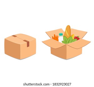Box with Food Donation. Open and Close cardboard isometric cube Package with Grocery. Vector Isolated illustration. Delivery and humanitarian concept. Charity aid for homeless and hunger.