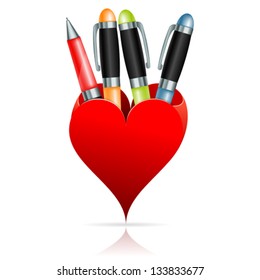Box in the form of Hearts with Pens, vector icon isolated on white background