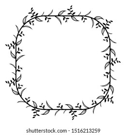 Box frame ornament plant or flower, floral frame, vintage style frame with black isolated white background.