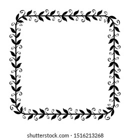 Box frame ornament plant or flower, floral frame, vintage style frame with black isolated white background.