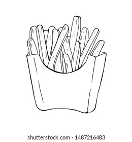 Box of french fries isolated on white background. Hand drawn vector illustration.