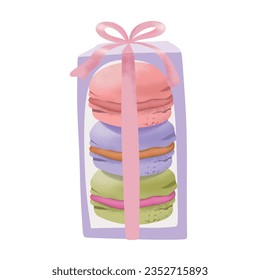 Box of French macaroons, vector watercolor illustration. Colorful printable illustration, for banner, greeting card, poster, invitation, menu, decoration