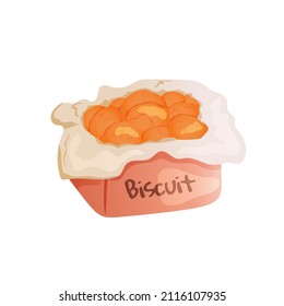 Box with fresh fragrant biscuits for breakfast. Cartoon pastry isolated on white background