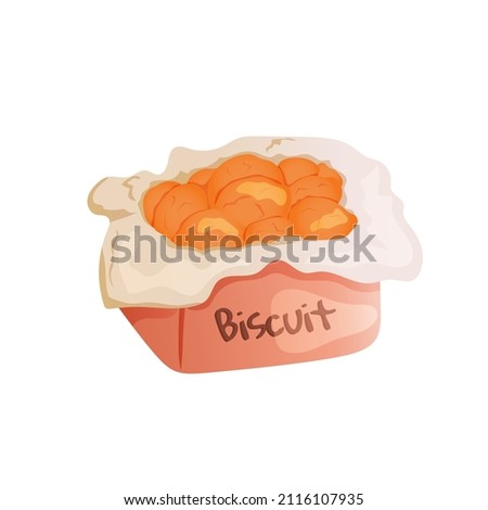Box with fresh fragrant biscuits for breakfast. Cartoon pastry isolated on white background