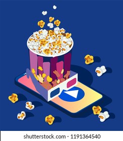 A box of fresh tasty popcorn on the smartphone.3d Eyeglasses  on a blue background. Isometric 3d