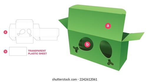 Box with fried chicken window and transparent plastic sheet die cut template