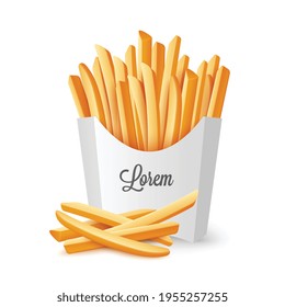 Box of fried potato or French fries realistic vector illustration isolated.