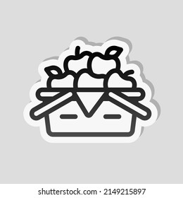 Box with fruits, simple icon. Linear sticker, white border and simple shadow on gray background