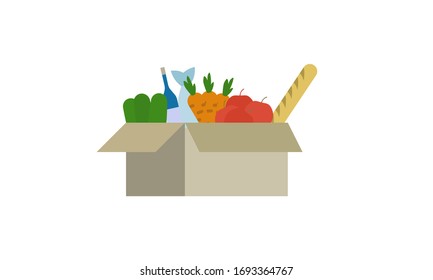 Caja con frutas, verduras, pan, botella y pescado. Ilustración vectorial plana aislada en fondo blanco
