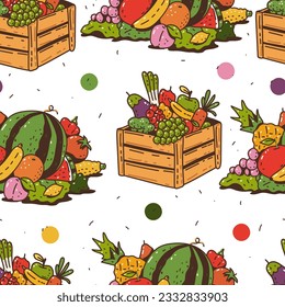 Caja con caricatura vectorial de frutas y verduras fondo de patrón sin fisuras para papel pintado, envoltura, embalaje y fondo.