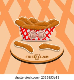 A box full of clam fried on a wooden plate on abstract light brown background to celebrate National Fried Clam Day on July 3