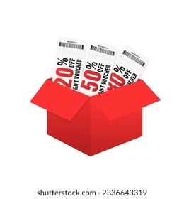 Box full of coupon. red, open, ribbon, gift. Coupon promotion sale for website, internet ads, social media. Big sale, coupon gift voucher 20%, 50%, 80%  Coupon with barcode. Vector illustration