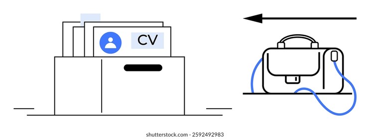 Box full of CVs and an arrow pointing to a briefcase. Ideal for job applications, recruitment, employment, career opportunities, office readiness, human resources, workforce management. Line metaphor