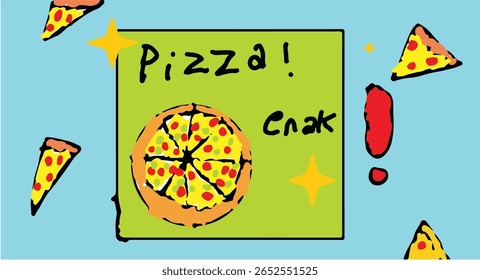 uma caixa cheia de pizza deliciosa no estilo de desenho das crianças