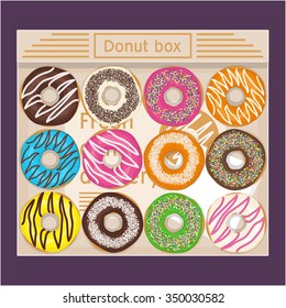 Box full of donuts vector illustration. Donut delivery.