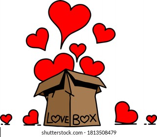 A box full of red hearts doodle style.drawing vector.