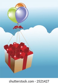Box full of roses and hearts flying over the sky with balloons