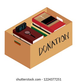 Box full of stuff. Donation Concept. Vector illustration
