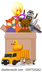 Box full of toys on white background illustration